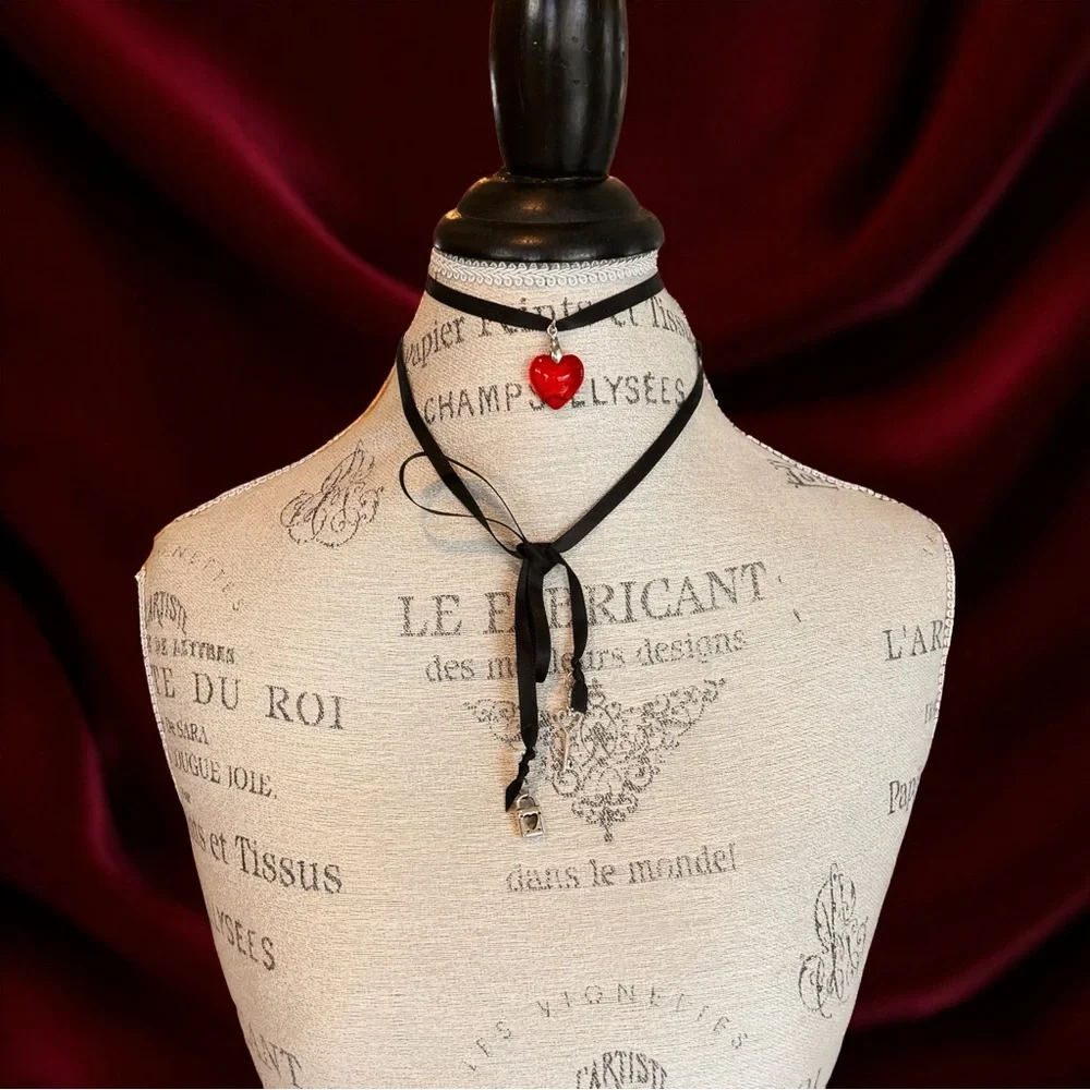 Glass Red Heart Pendant Necklace with Key and Lock Charm on Double Sided Satin